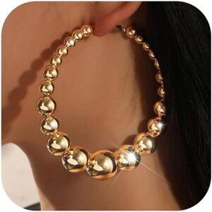 ✨ Chunky Gold Beaded Hoop Earrings | Oversized Retro Statement Jewelry